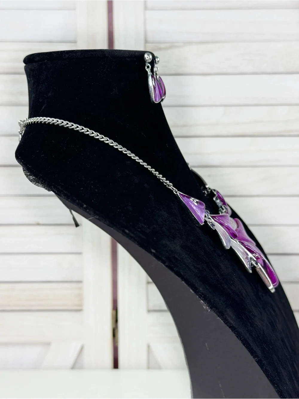 Rivir Purple and Silver Enamel Bib Statement Necklace and Earring Set Y2K‎